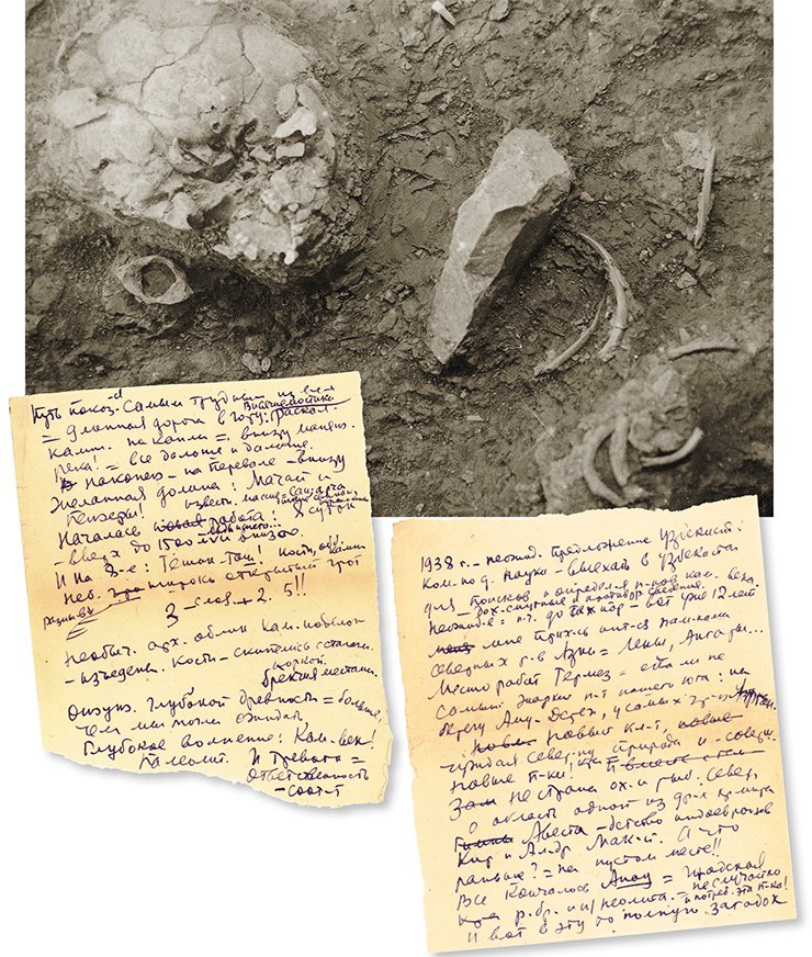 A Neanderthal’s skull (top). Teshik-Tash, 1938. Archive of the Institute of Material Culture, St Petersburg. An excerpt from A. P. Okladnikov’s journal. Uzbekistan, 1938. St Petersburg Branch, Archive of the Russian Academy of Sciences