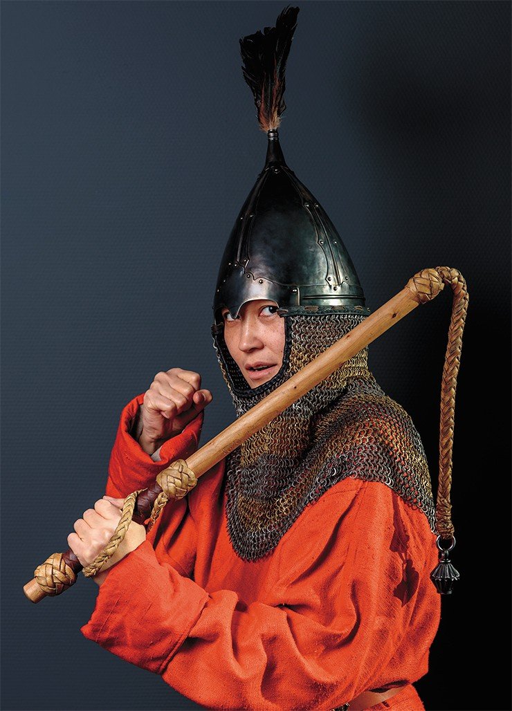 Scholarly historical reconstruction of the helmet of a 9th–11th century Late Turkic (Kimak) warrior, based on an accidental find of a helmet dome at the Multa River (Altai Mountains), finds of parts of bimetallic chainmail aventails in Altai and Khakassia, and frescoes from Afrasiab (Uzbekistan) and Panjakent (Tajikistan). Photo by S. Borisenko