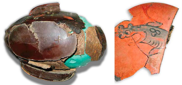 A lacquer cup in the process of restoration. The destroyed artifact displays its wooden base. Tumulus 31, Noin-Ula. Fragment of lacquerware shows a detail of painting – the depiction of a mythical animal. Tumulus 20, Noin-Ula