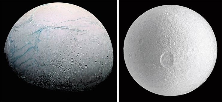 The dark spots of carbonaceous chondrites, which are associated with impact events, have not been found on some celestial bodies of the outer solar system. For example, such spots were not found on Enceladus (left) and on definitely ancient cratered surface of Tethys (right), the largest (their diameters being 1,060 and 505 km, respectively) innermost moons of Saturn.Image from Cassini–Huygens spacecraft, 2009. Credit: NASA/JPL/Space Science Institute