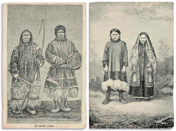 Ostyak types. From the book Travel to Western Siberia by Otto Finsch (Moscow, 1882). The Kunovat Prince Artanzeev with his wife (from the drawing by M. Znamensky) [Stéphen Sommier, 1885, p. 211]. A Summer in Siberia among the Ostyaks, Samoyeds, Zyryans, Tatars, Kirgiz, and Bashkirs by S. Sommier, Tomsk: Tomsk University, 2012, 640 pp.