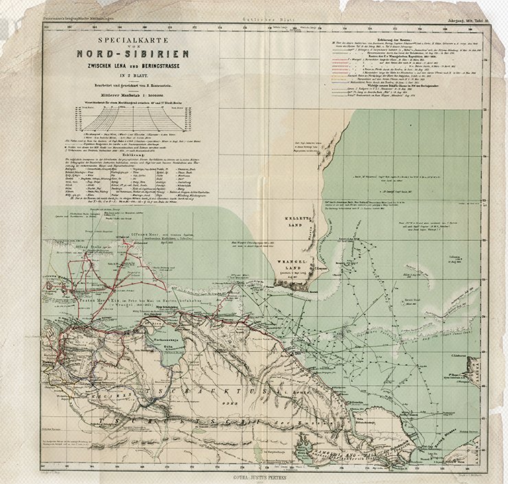 Map of the North of Siberia between the Lena River and the Bering Strait on two sheets / Bearb. und geseichnet B. Hassenstein. 1: 3 000 000. Gotha: J. Perthes, 1879. Östliches Blatt (Tafel 10). Library of the Russian Academy of Sciences, St. Petersburg