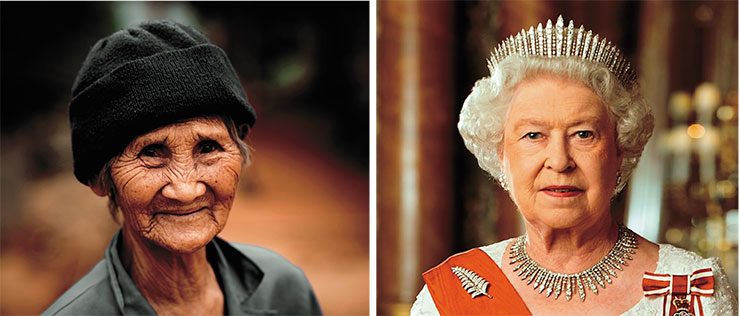 Долгожителей можно найти среди людей разной расы, национальности, социального статуса, места и образа жизни. К примеру, эта пожилая женщина (слева) – из китайской деревушки Мае Салонг, расположенной в живописной долине на севере Таиланда. Долгожителем была и королева Великобритании Елизавета II, правившая страной в течение 70 лет. К моменту смерти в возрасте 96 лет она являлась самым долгоправящим и старейшим монархом в британской истории, а также самым долгоправящим и старейшим главой государства в мире. © CC BY-NC-ND 2.0/Eric Montfort и © CC BY 4.0/ Julian Calder
