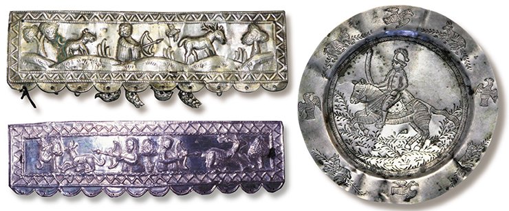 Above: A rectangular plate depicting a hunting scene. Tobolsk, end of the 18th century. Silver, 500 silver mark. 23.0 × 6.5 cm; 29 g. Silversmith’s hallmark: П•Б (cyr.). Historical and Architectural Museum-Reserve (Tobolsk). Below: A rectangular plate depicting a hunting scene. Tobolsk, end of the 18th to the first quarter of the 19th century. Silver. 24.0 × 6.2 cm. Silversmith’s hallmark: П•Б (cyr.). Museum of Nature and Man (Khanty-Mansiysk). On right: A silver saucer depicting a warrior on horseback. Tobolsk,  first quarter of the 19th century. Silver, 700 silver mark; 44.61 g; 11.8 cm in diameter. Silversmith’s hallmark: П•Б (cyr.). Historical and Architectural Museum-Reserve (Tobolsk)