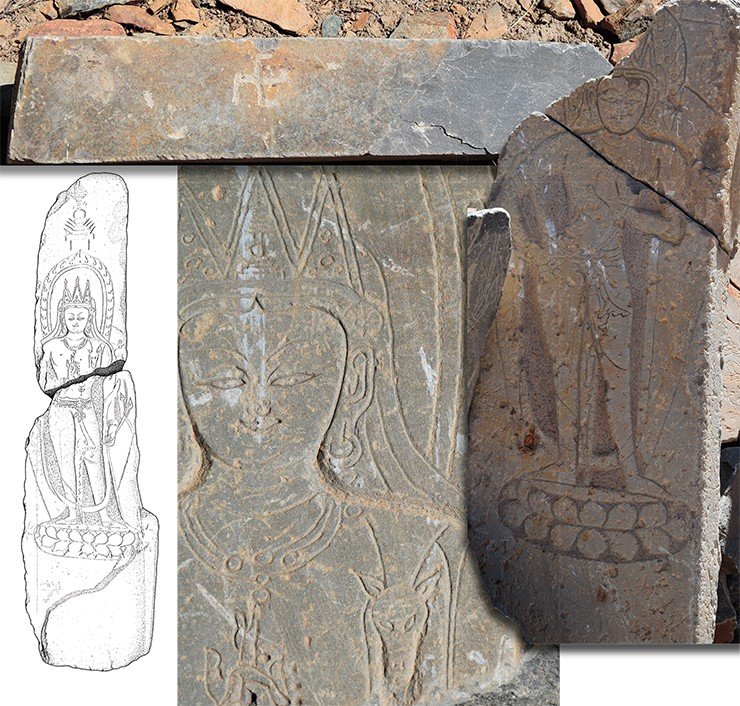 Above: an image of the Bon swastika on a plate from the sanctuary. A fragment of the image of Bodhisattva in a tricorn crown. A drawing of the Bodhisattva image. Drawing by A. Saliev. Right: a fragment of a stele with an image of Bodhisattva. The village of Manda. Zanskar