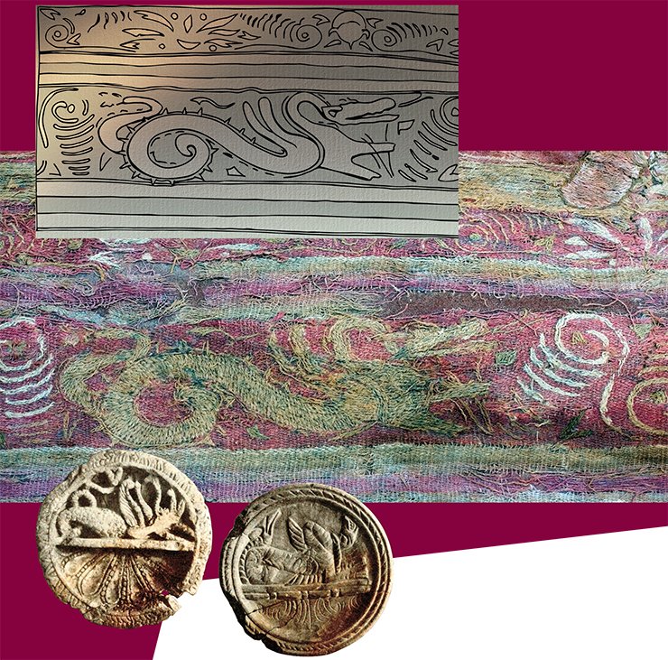 The valance bordering the carpet has three ornamented stripes. Embroidered on the central stripe are depictions of winged hippocamps walking towards each other; placed between them are grape garlands twisted in a spiral of grape tentacles and pomegranates. The image of a beast is new for the Noin-Ula textile. The beast has a serpentine curved neck, the head with open jaws looking like crocodile’s; the serpentine body is contoured with a sharp dented crest, and the tail curled into a ring ends with a fish-fin. Depictions of winged hippocamps – in contrast to the wingless ones, which are a Greek invention – are quite rare. Analogues close to them in time can be found on the stone plaques from Taxila (left; Marshall, 1951) – a specific form of East-Hellenistic art, on the lid of a silver vessel from Kosika and the frieze of a silver vessel from a private collection (Treister, 2005) – Parthian, in our view. The further historical destiny of these fantastic creatures can be traced with the help of a temple fresco in Panjakent, namely, the scene depicting a ritual feast of Sogdian noblemen, accompanied with sacrificial offering. Hovering between the heads of the seated people are creatures with the head and forelegs of a horse, bird’s wings and serpentine tail, bearing a strong resemblance to the hippocamps of the 1st c. AD (Diakonov, 1954). It should be noted that in these scenes they clearly symbolize the good, maybe personifying the farn (luck, victory, and happiness). Bottom right: Archaic ornaments. Palmyra. From: (Schlumberger, 1970) 
