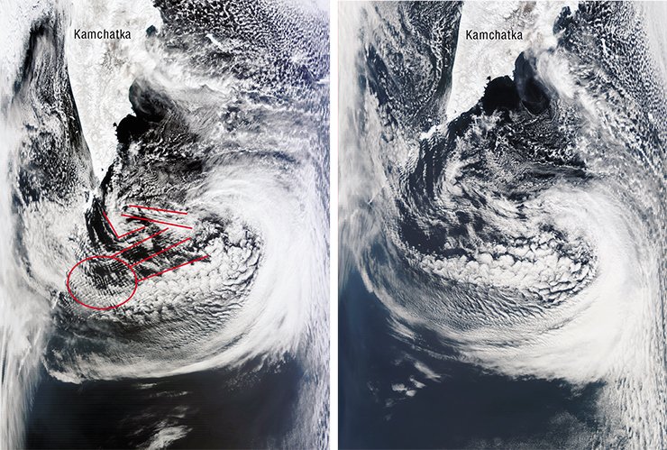 The “mesh” clouds formed near the northern part of the Kuril Ridge after the earthquake in Japan testified that seismic activity in the region persisted (left). Indeed, though an hour and half later cloud stripes of latitudinal orientation replaced the mesh (right), earth shocks continued during the next three days. The photos taken from satellites Terra and Aqua (NASA/GSFC, Rapid Response), on March 11, 2011