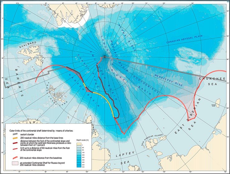 Так выглядит на батиметрической карте район расширенного континентального шельфа России в Арктике, включающий хребты Ломоносова и Менделеева
