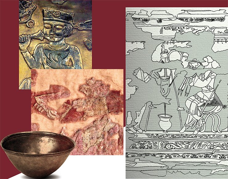 The man sitting in the center is lifting a bowl with a drink to his mouth. A carpet fragment shows the edge of trimmed fair hair around a solid neck, a soft shaved chin, and elongated plump lips. Clay, glass, and metal bowls, hemispherical and cone-shaped, were widely used from Italy to India beginning with approximately 2nd c. BC. Two such bowls, made of silver, were discovered among the rich inventory of the Artiukhov kurgan (Maksimova, 1979). Depictions of hemispherical drinking bowls are characteristic for the Sassanid and post-Sassanid periods: a similar bowl is being held by a king in the scene of the feast, depicted on a dish from the Hermitage collection (above; Trever, Lukonin, 1979)
