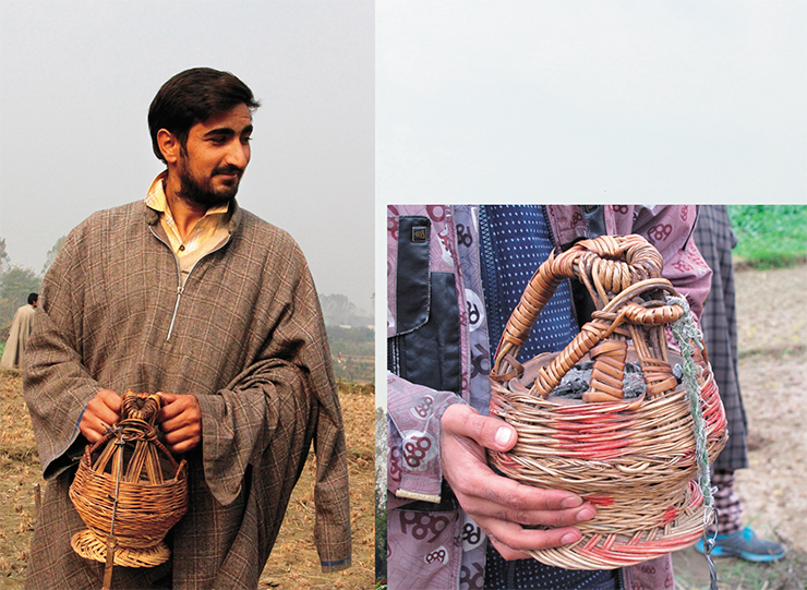 At the end of October and beginning of November, weather becomes cold in the Kashmir Valley. However, all the local people wear very light clothes: their outerwear is made of thick wool fabric, but that’s all. We were surprised at their method to keep warm in winter. They use a little basket with a handle where they put a clay pot with hot coals. Both men and women carry such a basket under their outerwear, pulling their arms out of their sleeves. The clothes themselves are loose enough to fit in, somewhere near one’s belly, a basket with a warm pot, which one can hold with two hands