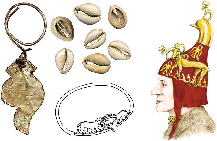 An earring from the female burial: a wooden plate pasted with gold foil (left). Cowrie shells—a symbol of female fertility (above). A necklace from the burial (bottom). Right: a drawing by Cand.Sci.(History) D.V. Pozdnyakov (IAE SB RAS) based on the reconstruction of the felt helmet by E.V. Shumakova (IAE SB RAS). Ak-Alakha 1 burial mound 1