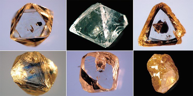 Кристаллы якутских алмазов. Фото А. Павлушина (ИГАиБМ СО РАН, Якутия)