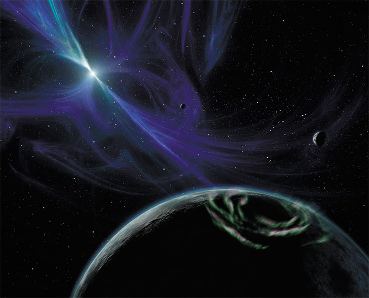 Так художник представляет себе планету, вращающуюся вокруг пульсара – звезды, служащей источником мощного периодического электромагнитного излучения. © NASA/JPL-Caltech. Public Domain