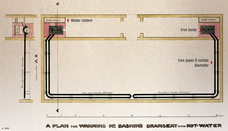 The English architect and artist T. W. Atkinson, who traveled across Siberia for seven years, made friends with the Basnins’ family. He designed a project of a heated hothouse for Vasily Nikolayevich: “A plan for warming Mr Basnin’s orangery with hot water.” No mention of putting this system of iron tubes and boiler ovens into practice has been found, however. RGADA (The Russian State Archive of Ancient Acts)