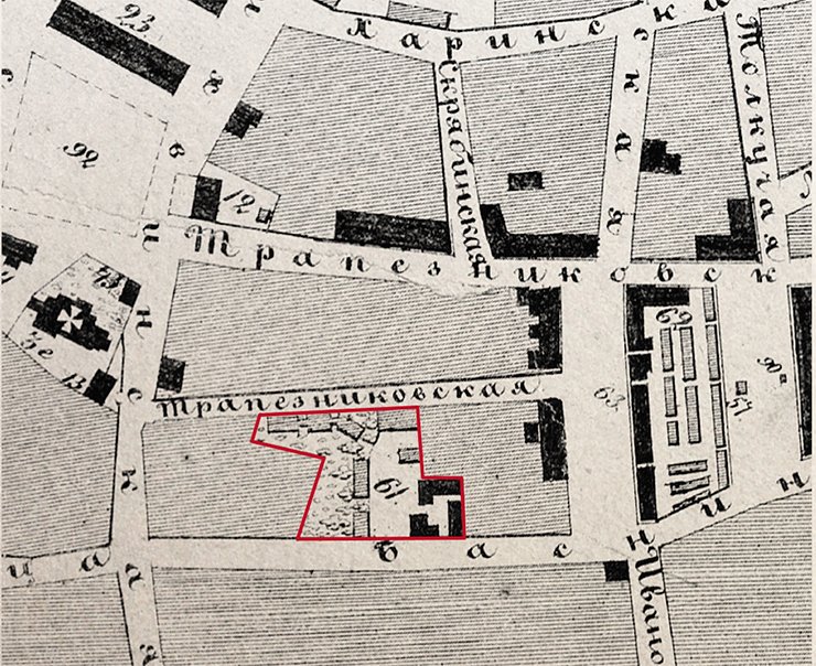 Basnins’ mansion is marked on the plan of province Irkutsk. The large structures, connected with passes, along the Malaya Trapeznikovskaya street are the hothouse complex. 1868. RGADA (The Russian State Archive of Ancient Acts)