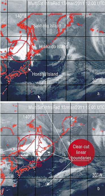 While the cloud field of the cyclone was out of the seismic zone during the series of earthquakes that occurred in Japan on March 11—14, 2011, it had a traditional round shape (а). Three hours later (b) the cyclone reached an active fault and the south-eastern boundary of cloudiness became anomalously straight-line. The photo taken from satellite MultiSat (Naval Research Laboratory, Marine Meteorology Division, Monterey, CA), on March 13, 2011