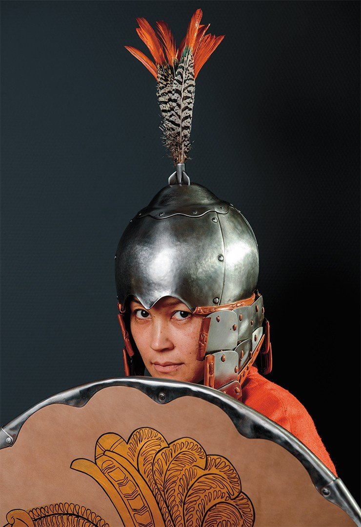 Scholarly historical reconstruction of a helmet (and armor) worn by a Toba Wei warrior of the 6th century