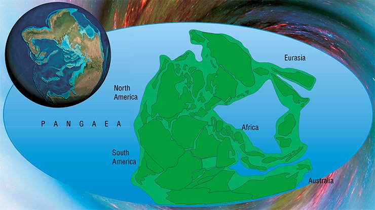Convection flows in the Earth’s mantle drive tectonic plates. Their movement causes the assembly and dispersal of supercontinents. The last supercontinent, Pangaea, is schematically shown
