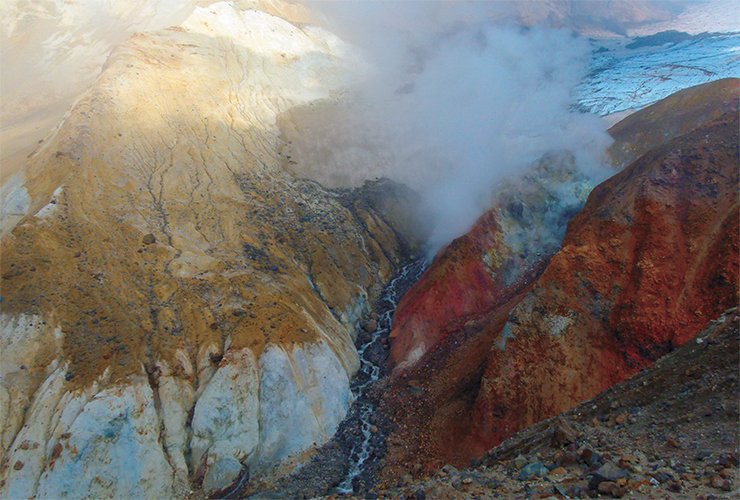 Fumaroles on the Mutnovsky Volcano emitting hot, disgustingly smelling gas