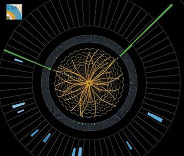 Траектории частиц, родившихся в результате столкновения двух протонов с суммарной энергией 8 ТэВ, зарегистрированные детектором CMS. Характеристики этого события позволяют предполагать что в нем наблюдается распад бозона Хиггса на два фотона (прерывистые желтые линии, переходящие в зеленые столбики). © 2012 CERN 