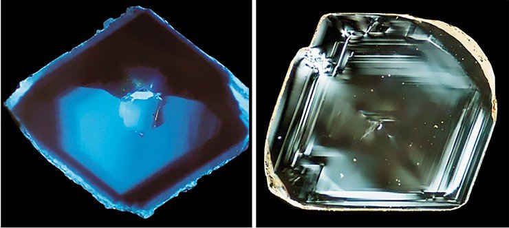Слева: Чистый алмаз «трудной судьбы». На схеме видна «история жизни» алмаза и заметно, как изменялись условия (зоны отличаются по интенсивности и по цвету люминесценции). Справа: На снимке видна история роста и растворения кристалла