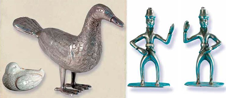 A silver statuette of a goose, the core of the figurine of the Mansi’s guardian spirit, and a porcelain salt-cellar shaped as a duck, a cult attribute of the Mansi. Silver figurines of the Mansi and Khanty’s guardian spirits (right) 