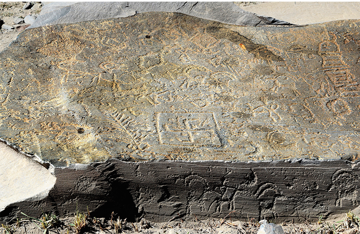 A large flat stone slab, which lies at the entrance to the new rock art site near the village of Akshow, shows images of the various Buddhist symbols. The slab lies flat; it is completely covered with engravings, but the images can be barely seen on the surface, as if obliterated by time. The slab awaits a more detailed study, but it has already been found to contain images of flowers, branches, swastikas, solar symbols, and tower-shaped stupas. Even its end part is covered with much better preserved images of the ibex. Zanskar, 2019