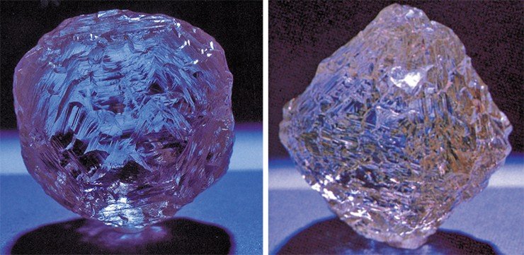 Крупным (свыше 50 каратов) алмазам ювелирного качества принято давать собственные имена. На фото – якутские кимберлитовые алмазы «Сулус Таас» (104,05 карата) и «Олонхо» (150,85 карата)
