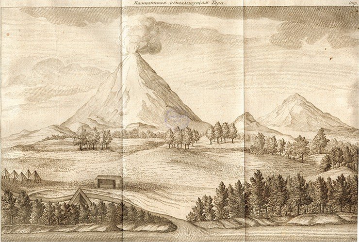 Kamchatka Volcano. Engraving from the 1755 Russian edition of The Description of the Land of Kamchatka
