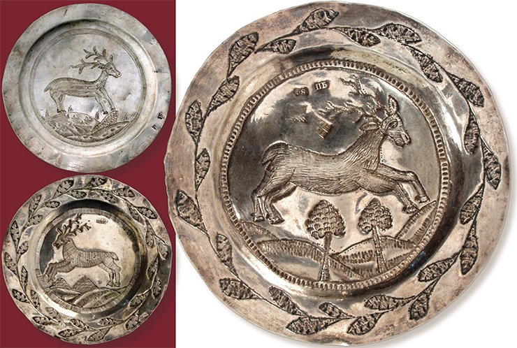 A saucer depicting a deer. Tobolsk, the first quarter of the 19th century. Silver, 10.6 cm in diameter. Silversmith’s hallmark: П•Б (cyr.). A saucer depicting a galloping deer. Tobolsk, 1820. Silver, 10 cm in diameter. Hallmarks: the coat of arms of Tobolsk; “МБ / 1822” (cyr.), the assay’s mark by M. Bogdanov; П•Б (cyr.); 84 silver mark. A saucer depicting a deer. Tobolsk, the first quarter of the 19th century. Silver, 10 cm in diameter. Silversmith’s hallmarks: П•Б (cyr.) (two marks with one overlapping the other). Museum of the Institute of Archaeology and Ethnography SB RAS (Novosibirsk)