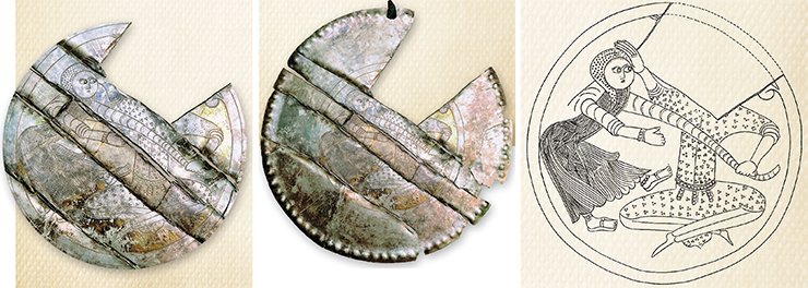 Kondian silver badge. Medallion of the Kondian badge. Photo by A. Baulo, drawing by M. Miller. Museum of History and Culture of the Peoples of Siberia and the Far East, Institute of Archaeology and Ethnography SB RAS