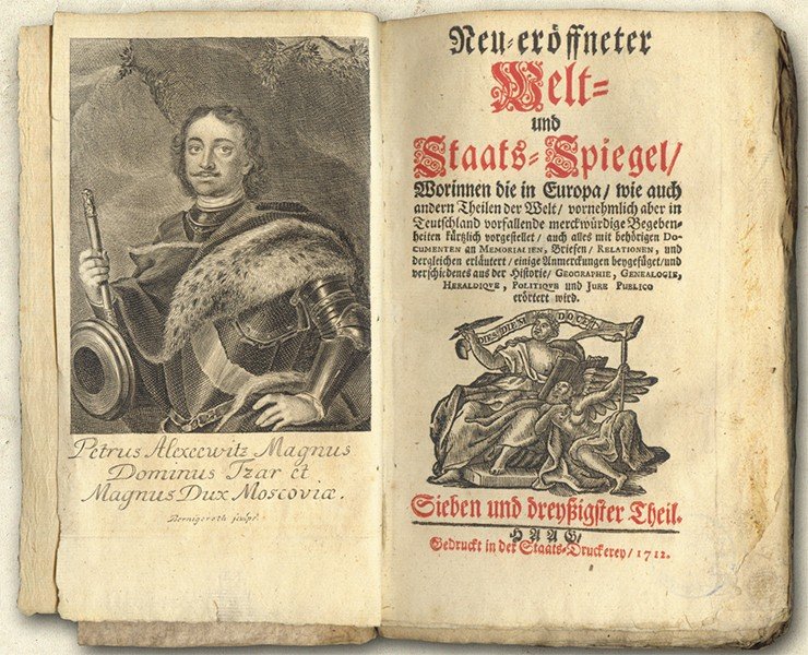Портрет Петра Великого. Гравировал И. М. Бернигерот. Из книги «Neu-Eroeffneter Welt und Staats-Spiegel». Гаага, 1712