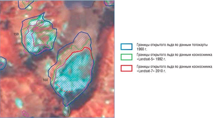 Этот космоснимок, на котором запечатлены баргузинские ледники Урёл-Амутис (160) и ледник 159, был сделан спутником «Landsat-8» 8 августа 2013 г., когда на Урёл-Амутисе работала экспедиция иркутских географов