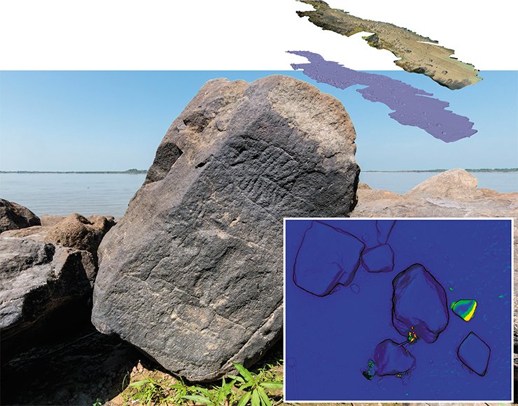 At the monument of Sikachi-Alyan (Khabarovsk Krai), the powerful force of the Amur River rolls petroglyph boulders like grains of sand. Photogrammetry helps monitor the stones’ locations. A. Pakhunov and E. Devlet © IA RAS. A photogrammetric model of the riverbank at Sikachi-Alyan (right). The superimposition of models built at different times indicates the shift of the stones (highlighted in yellow)