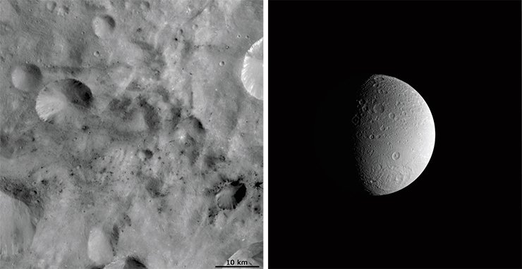 Detailed images of asteroid 4 Vesta (its diameter being approximately 530 km), made in 2011, show that it is also pockmarked with craters and small sites with dark spots that match carbonaceous chondrites in their composition. Image from Dawn spacecraft. Credit: NASA/JPL-Caltech