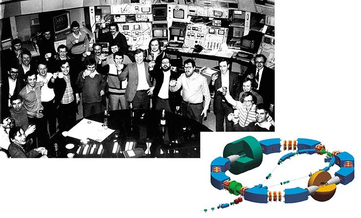 Слева: празднование рождения ипсилон-мезонов на ускорителе ВЭПП-4. 30 апреля 1982 г. Справа: новое ускорительное кольцо ВЭПП-2000