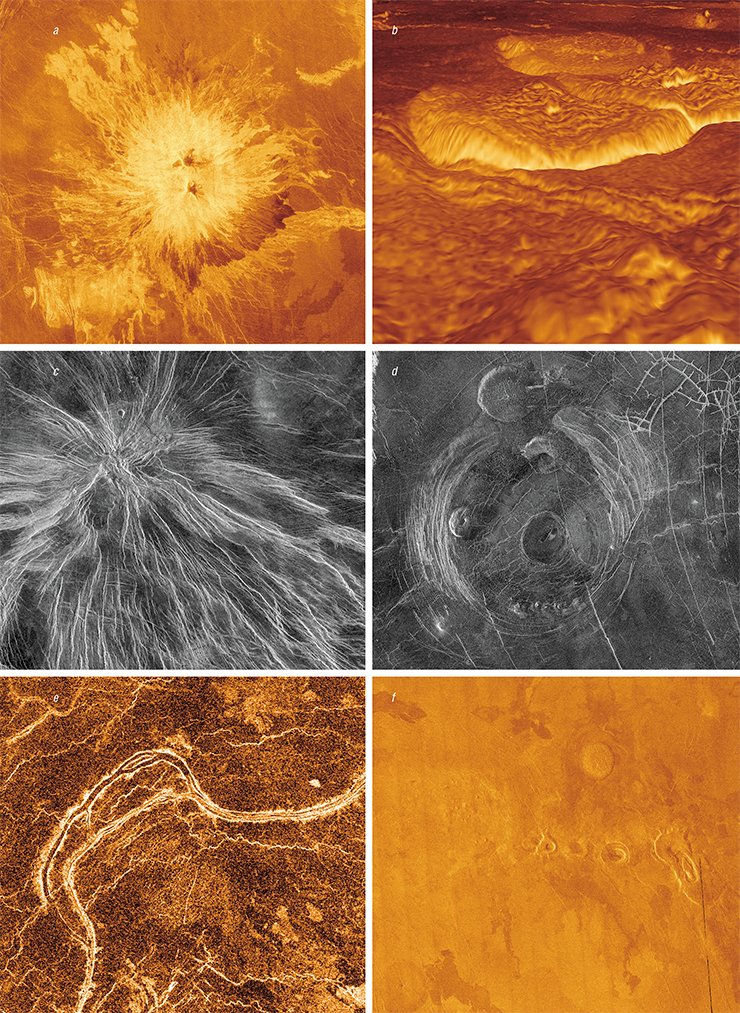 Various magmatic structures on the surface of Venus: (a) the unusual volcano Sapas Mons with a double summit; (b) a lava field in the Alpha Regio region; (c) radial dikes; (d) a corona-type volcano, i. e., a large uplift surrounded by a trough; (e) winding lava channels with a width of 1–2 km and length of tens to hundreds of kilometers; (f) shield plains with small volcanoes of a characteristic shape. Credit: NASA/JPL