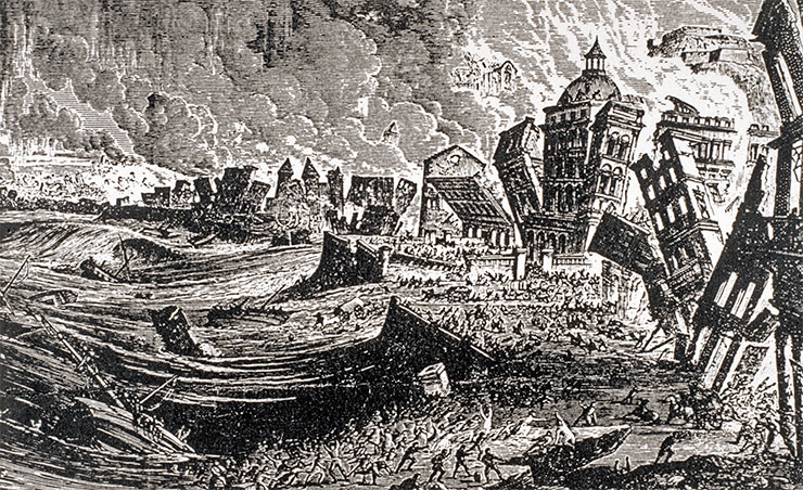 View of the right bank of the Tagus River during the Lisbon disaster. In an attempt to convey the terrifying magnitude of the catastrophe, the artist combined in one image three events that happened at different times: the earthquake, which destroyed city buildings; the tsunami, rolling from the bay to the shore; the fire that started after the buildings collapsed. In modern editions, the captions to this image often point to this as an artist’s mistake. However, the creator consciously applied this technique, which was often used by painters of that era, to enhance the informational and emotional effect. Copper engraving from the book Volcanoes and Earthquakes: A Popular Description in the Movements in the Earth’s Crust (1887) by Georg Hartwig. Public Domain/The Earthquake Engineering Online Archive – Jan Kozak Collection (KZ103)