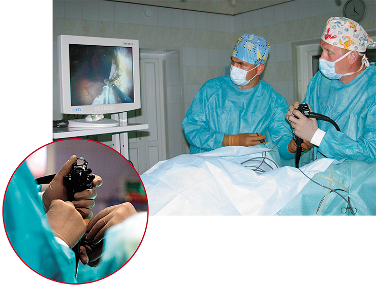 The Novosibirsk Center for New Medical Technologies is still the only medical institution in Russia to perform transluminal surgery, i.e., the major surgical interventions through natural orifices (small incisions in hollow organs). Novosibirsk surgeons V. V. Anishchenko (Railroad Clinical Hospital) and A. I. Shevela (Center for New Medical Technologies) control the course of transluminal surgery with the help of a video system