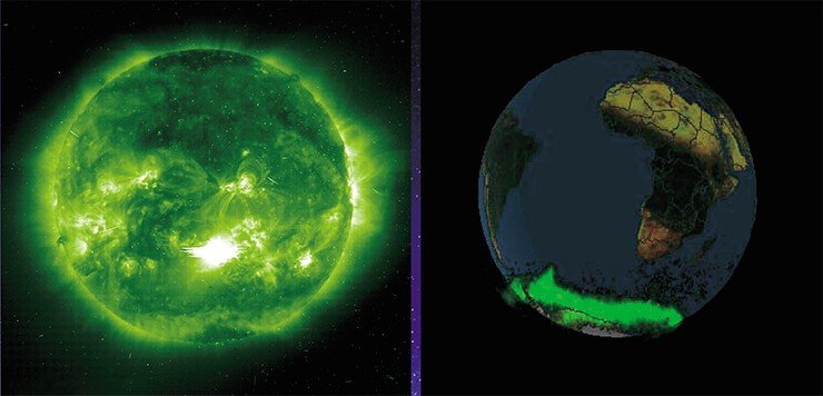 Третья по мощности из известных солнечных вспышек, когда-либо наблюдавшихся в рентгеновском диапазоне, была зафиксирована 28 октября 2003 г. (слева). Корональному выбросу массы, направленному почти прямо на Землю, предшествовал выброс ионизированного газа. Рекордная вспышка стала причиной необычных полярных сияний в малонаселенных районах Антарктики (справа), поэтому лишь немногим счастливчикам удалось наблюдать это захватывающее зрелище. Credit: NASA/ESA