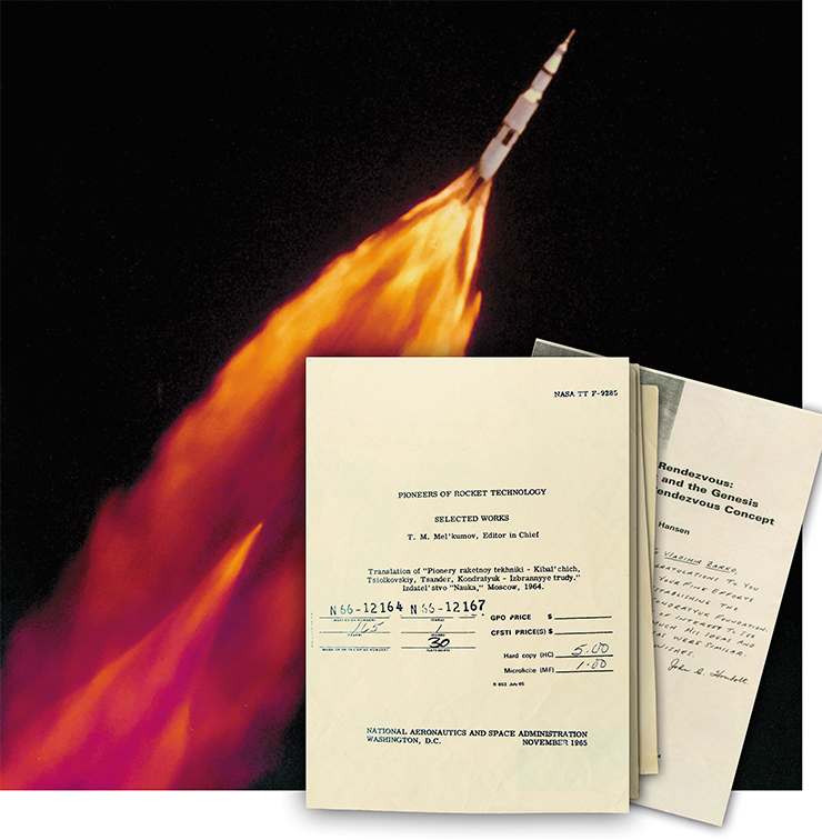 A Saturn V rocket launches Apollo- 11. Kennedy Space Center (NASA). The cover of the NASA’s report (1995) about the history of theproject of earth-orbit rendezvous and Kondrayuk’s role in realizing it, which J. Houbolt sent to the author of this article. On the cover J. Houbolt wrote: “It is of interest to see how much his ideas and my ideas were similar”. In the foreground: the cover of the book Pioneers of Rocket Technology. Kibalchich, Tsiolkovsky, Tsander, Kondratyuk. Selected works. (Moscow, 1964)