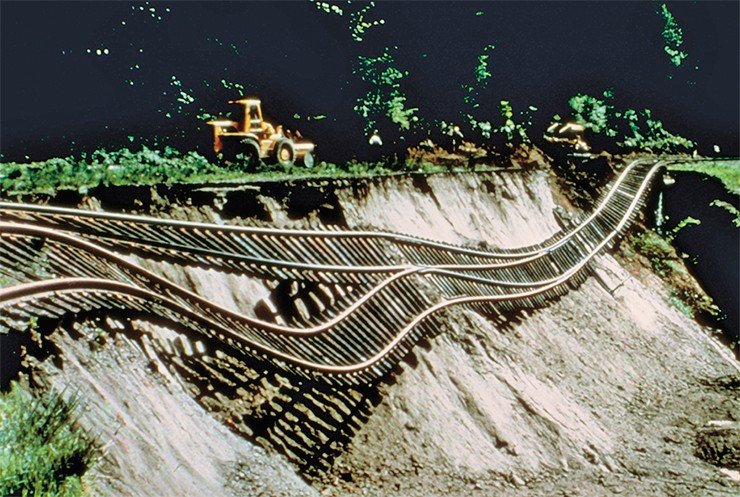 Так выглядела железная дорога «Юнион Пасифик» вблизи г. Сиэтл (США) после землетрясения 29 апреля 1965 г. Архив Калифорнийского университета, Беркли