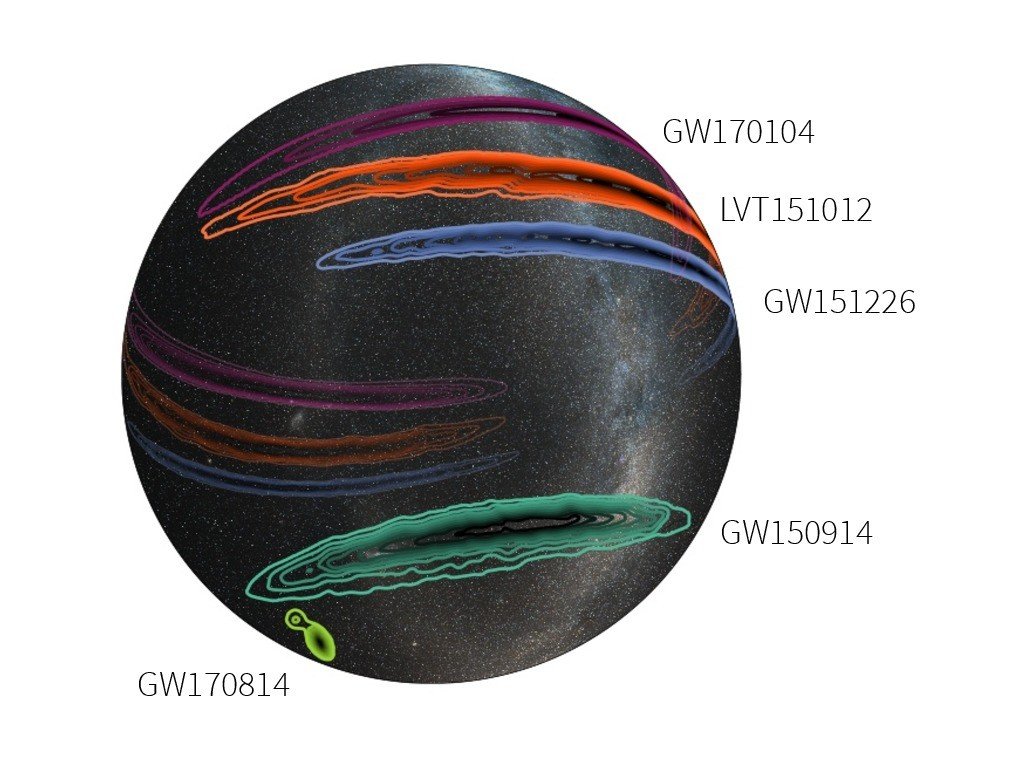 На небесной карте изображено примерное положение источников всех зарегистрированных ранее гравитационных волн, в том числе GW170814. LIGO/Caltech/MIT/Leo Singer (Milky Way image: Axel Mellinger) 