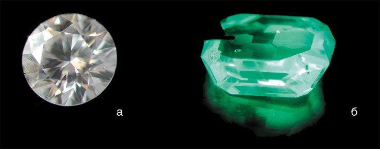 Безазотные кристаллы синтетического алмаза: ограненный кристалл (а), фотолюминесценция алмаза (б)