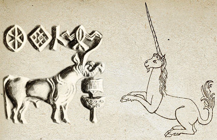 Индийский единорог (слева). Оттиск печати из долины Инда. III тыс. до н. э. Единорог с гобелена «Дама с единорогом». XV в. (справа) Музей Клюни, Париж. Прорисовка