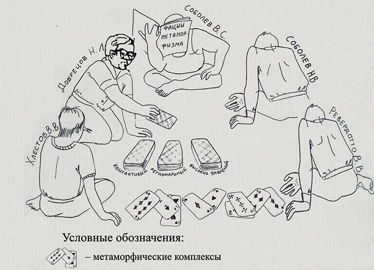 A sketch from an unpublished article by Evgeny Sklyarov, “N. L. Dobretsov and tectonic aspects of metamorphism.” This friendly cartoon depicts the Lenin Prize laureates