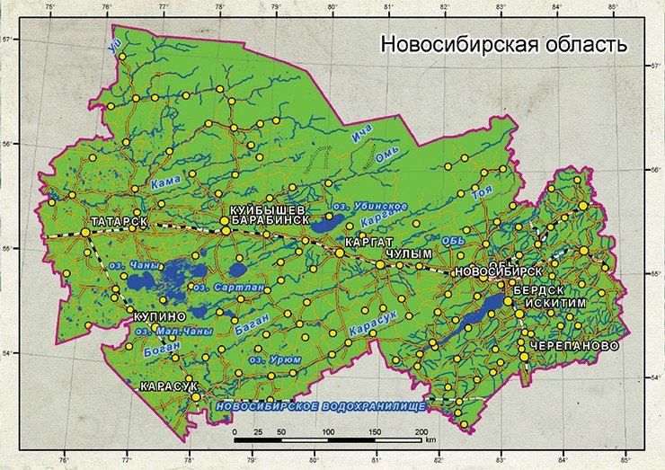 Топографическая карта Новосибирской области в конической равнопромежуточной проекции, то есть в проекции, сохраняющей без искажения площадь. В этой проекции обычно выполняют административные и хозяйственные карты