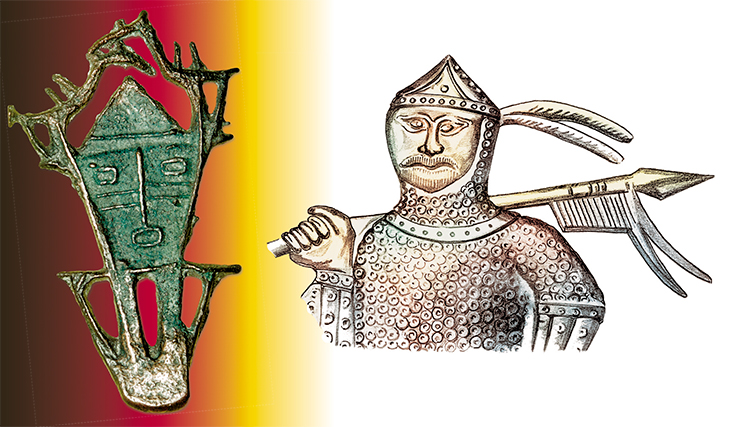 Рыбинская личина (слева). Фрагмент изображения воина со стенки сосуда из Надь-сентмиклоша 