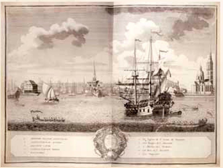 Вид Адмиралтейства от реки Невы. Гравюра О. Эллигера с оригинального рисунка Х. Марселиуса. 1729 г.