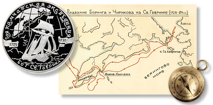 The route of St. Gabriel’s voyage in 1728–1729. On the right: a silver coin of 25 rubles with an image of the legendary ship, issued in 2003 by St. Petersburg Mint. Public Domain The route of St. Gabriel’s voyage in 1728–1729. On the right: a silver coin of 25 rubles with an image of the legendary ship, issued in 2003 by St. Petersburg Mint. Public Domain